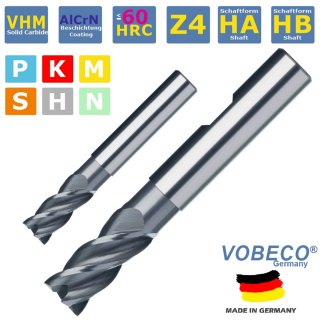 VHM HPC Schaftfräser  3 mm - Z4, Schaft HB, Drallwinkel 35/38° Eckfase 45°