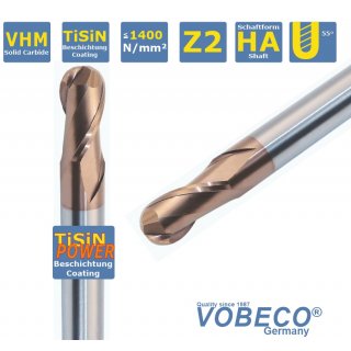 VHM Radiusfräser 2,5 mm R=1,25 mm  Z2, TiSiN beschichtet
