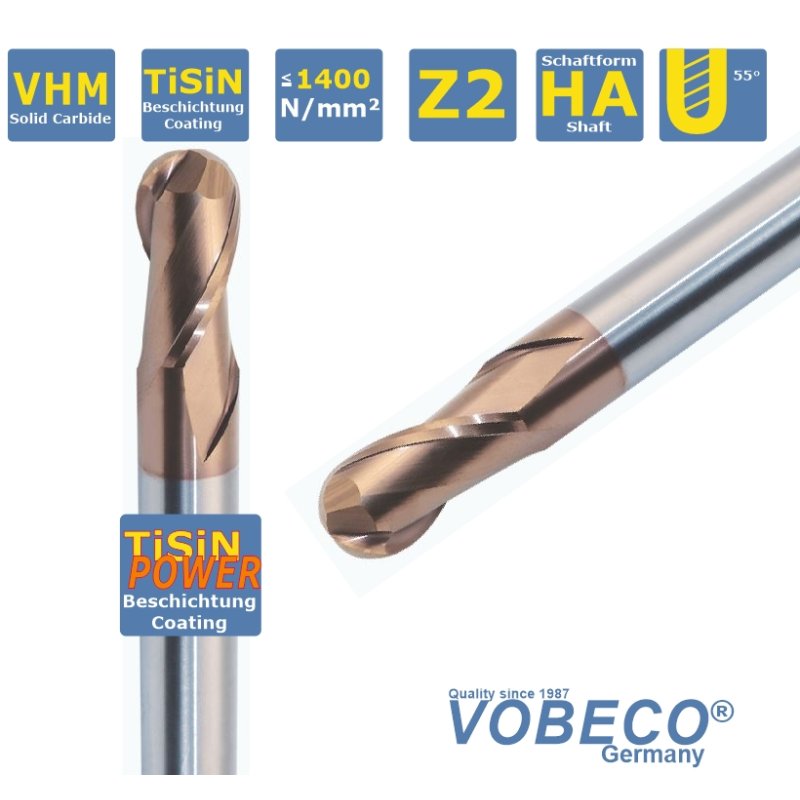 VHM Radiusfräser Mit TiSiN-Beschichtung – Ø 1-4 Mm, 2 Zähne, Für Stähle Bis 52 HRC, Mit Verjüngtem Hals