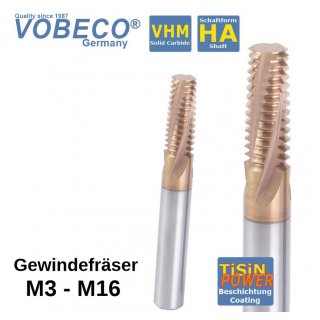 VHM Gewindefräser Z3,  M8 x 1,25 TiSiN beschichtet