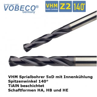 VHM Spiralbohrer 5xD Ø 6,4 mm mit Innenkühlung, HA-Schaft, TiAlN