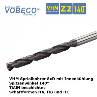 VHM Spiralbohrer 8XD Ø 11,0 mm mit Innenkühlung, HE-Schaft, TiAlN