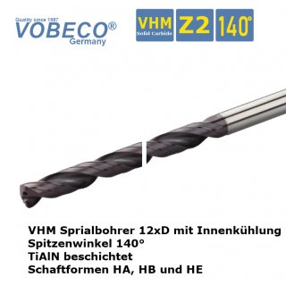 VHM Spiralbohrer 12xD Ø 6,3 mm mit Innenkühlung, HB-Schaft, TiAlN